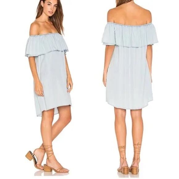 Sanctuary | Stella Flounce Blue Chambray Off the Shoulder Mini Dress - Picture 1 of 11
